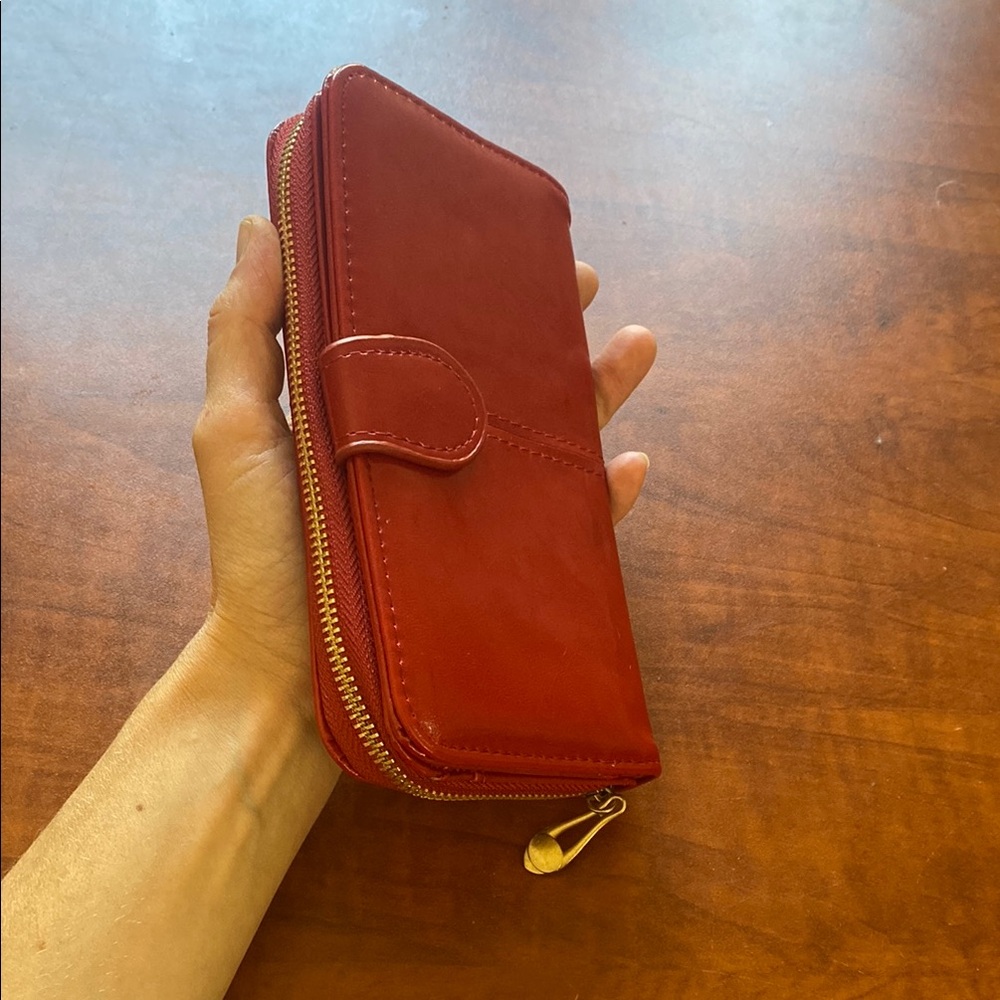 Red Leather Zip-Around Wallet Clutch